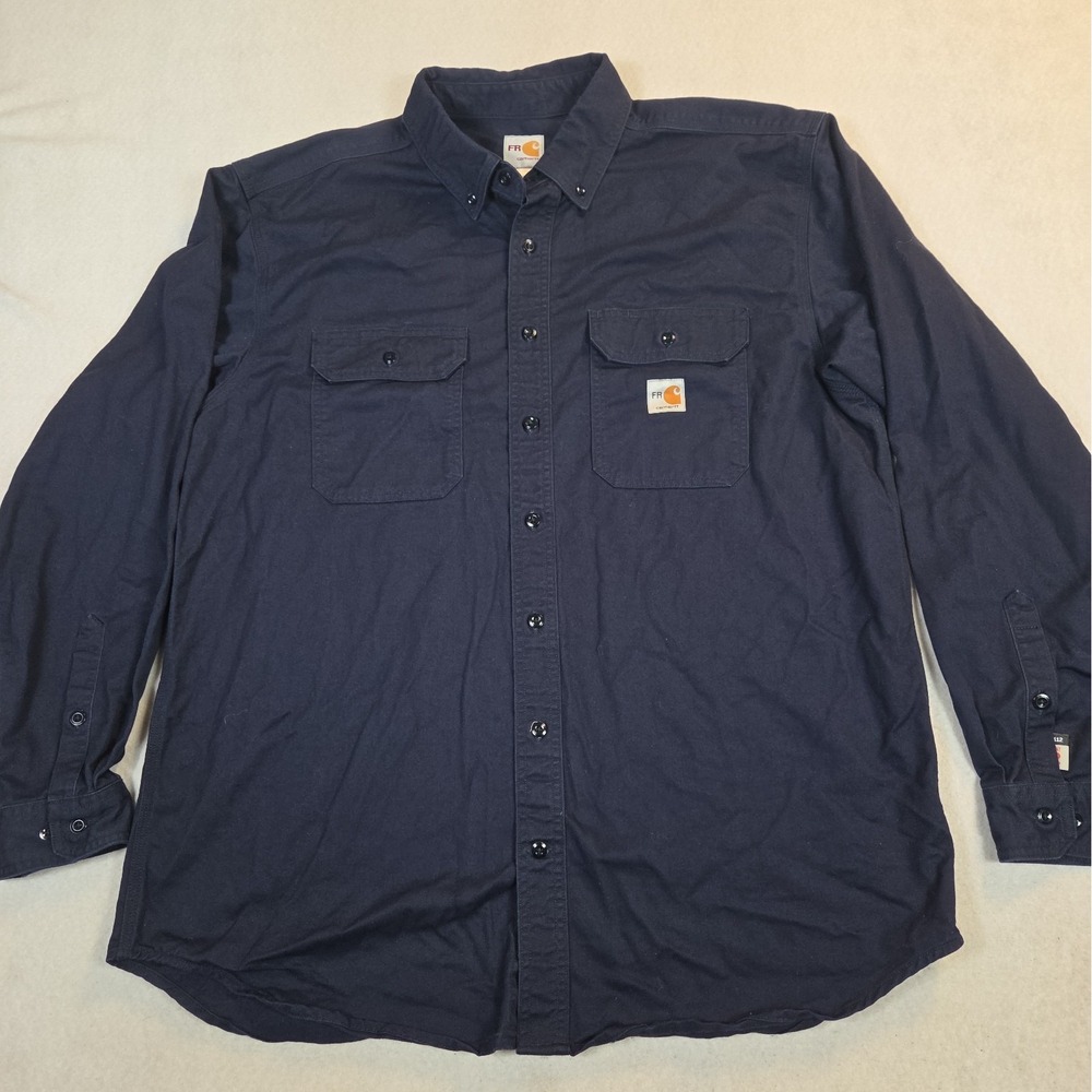 Carhartt FR Shirt Mens XL Dark Navy Blue Flame Resistant Work Button Up